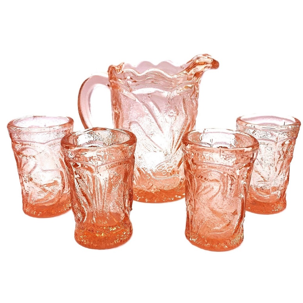 Mini Doll Size Pink Glass Peacock Pattern Pitcher Tumblers 5 pc Set Vintage '80s
